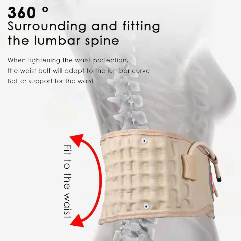 Beige waist support belt with text explaining its function on a white background