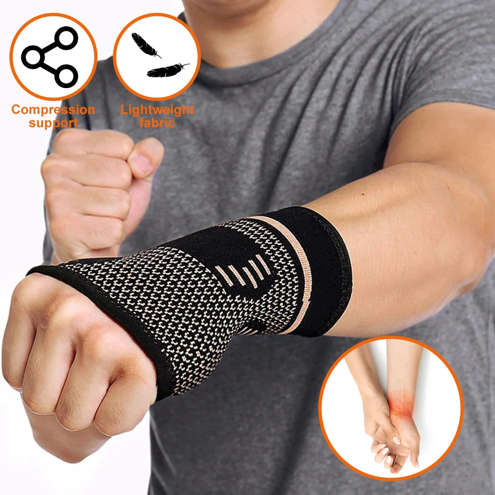 Person wearing a black wrist support brace with icons and text indicating compression support and lightweight fabric.