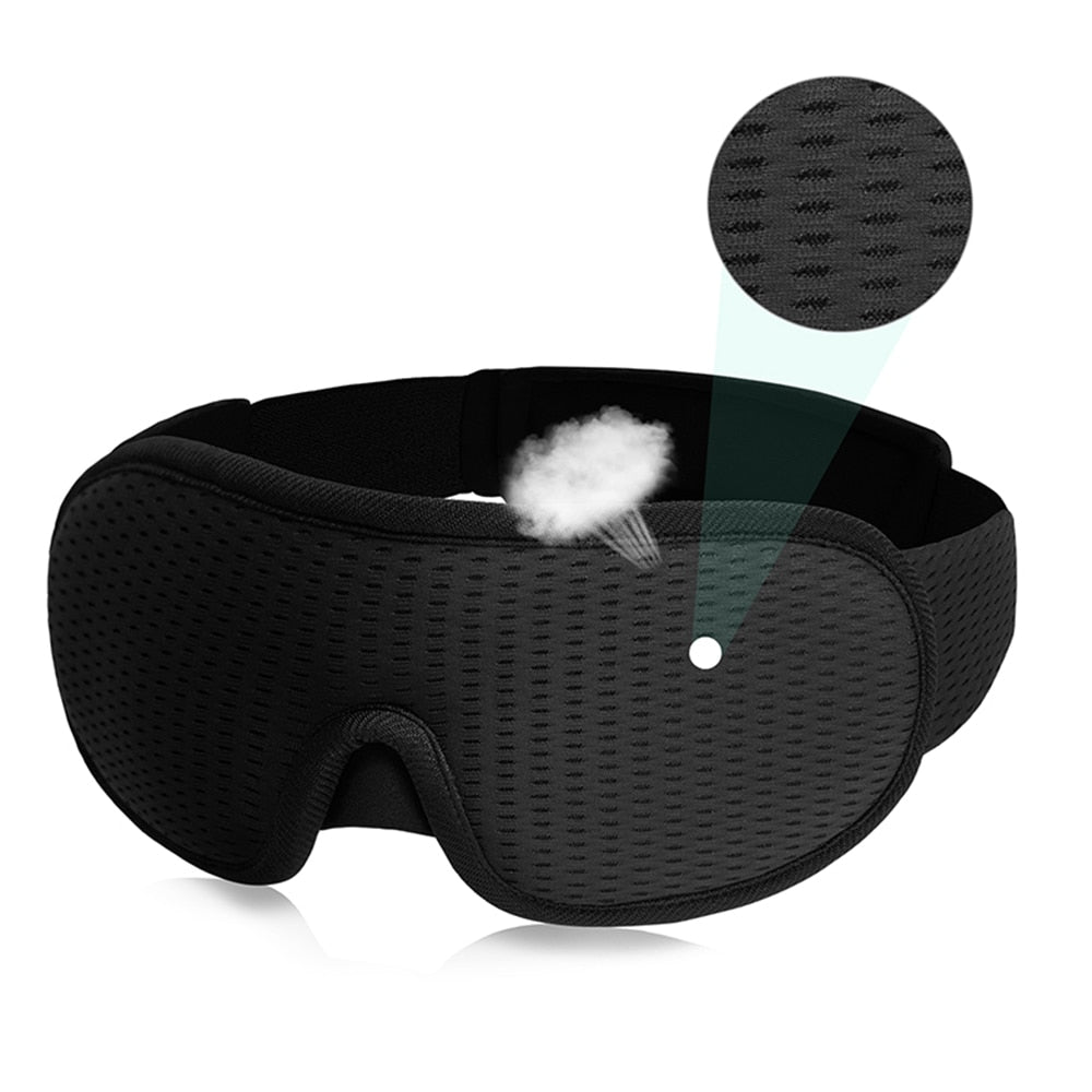 3D sleeping mask, hero view, showing recessed eyecups and V-shaped nose seal with adjustable hook-and-loop strap for total light blockout.