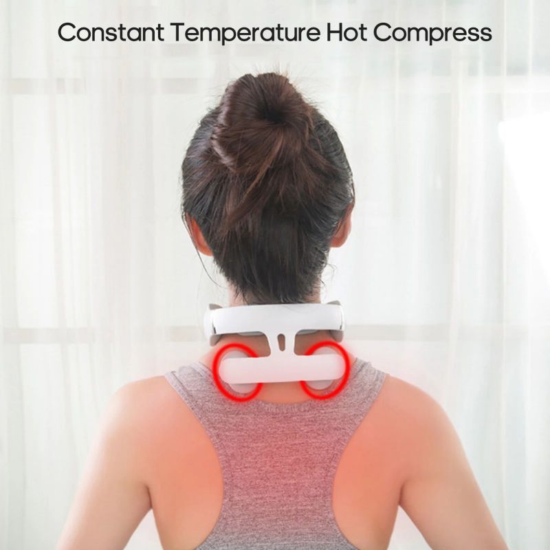 Woman using a constant temperature hot compress on her neck with a white background