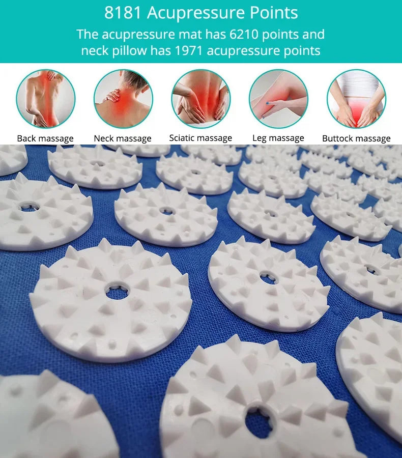 Acupressure mat with acupressure points and massage benefits on a blue background