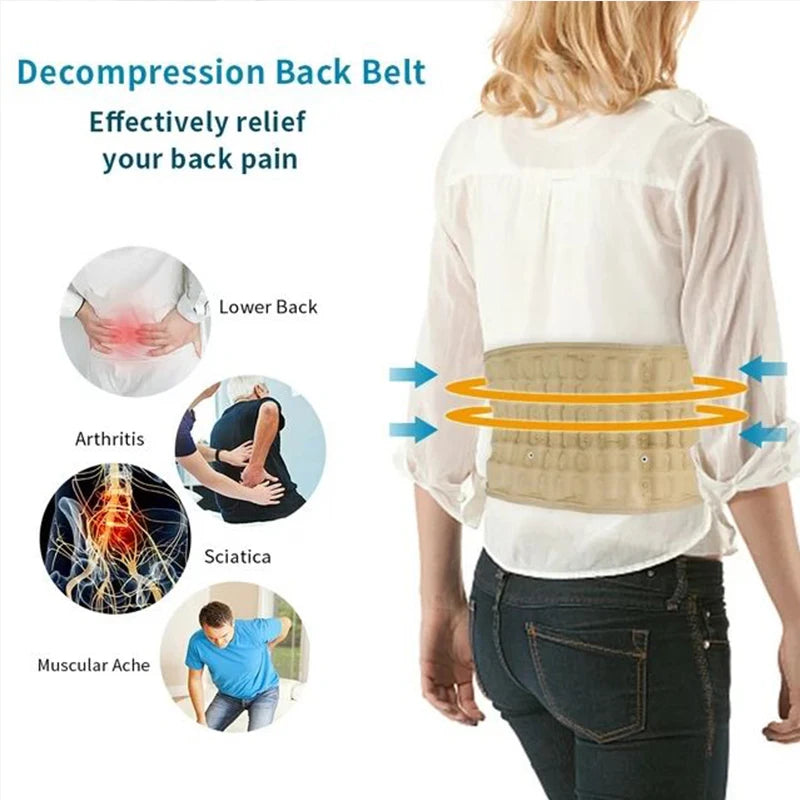 Decompression back belt being worn by a person with illustrations of pain relief on the back.