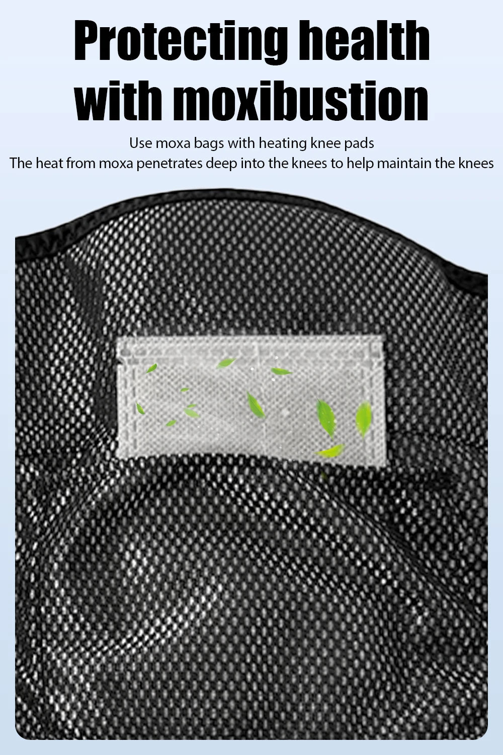 Moxibustion heating pad with moxa bags and text about health benefits on a light blue background