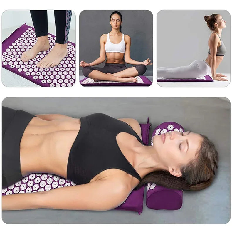 Collage of people using an acupressure mat for various activities including yoga and relaxation.