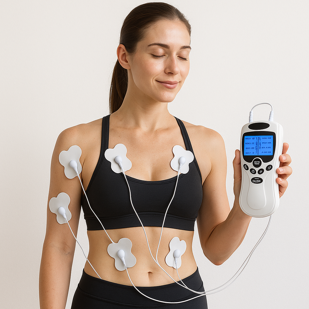 Woman using EMS_Tens_Muscle_Stimulator_Acupuncture with pads on her skin against a plain background