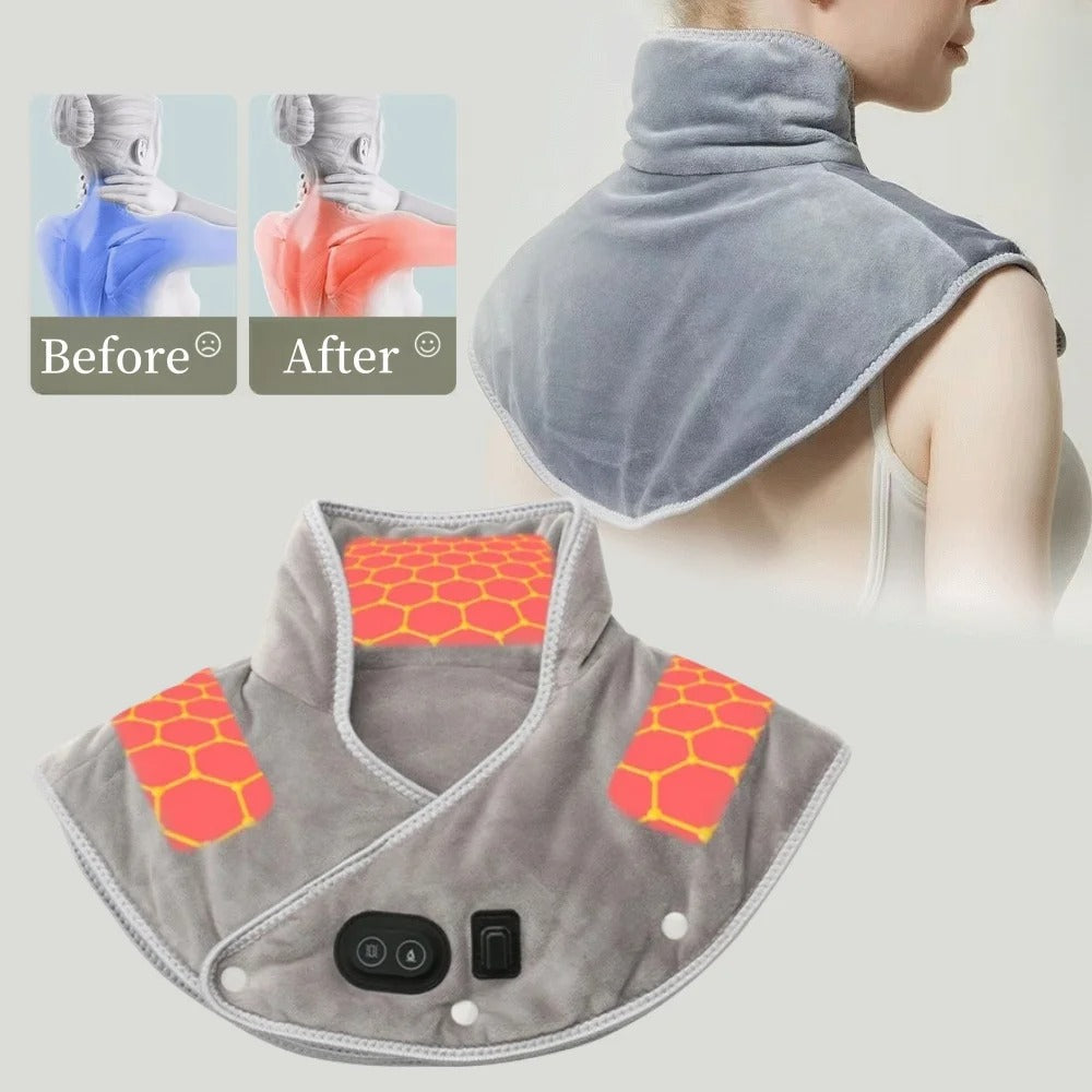 Neck and shoulder massager with heating elements and control panel, showing 'Before' and 'After' effects.