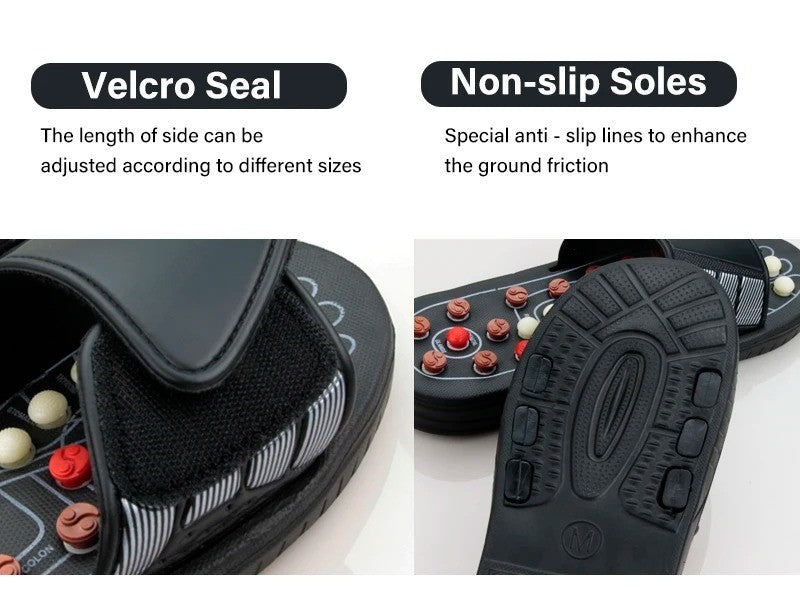 Product features including velcro seal and non-slip soles on a white background