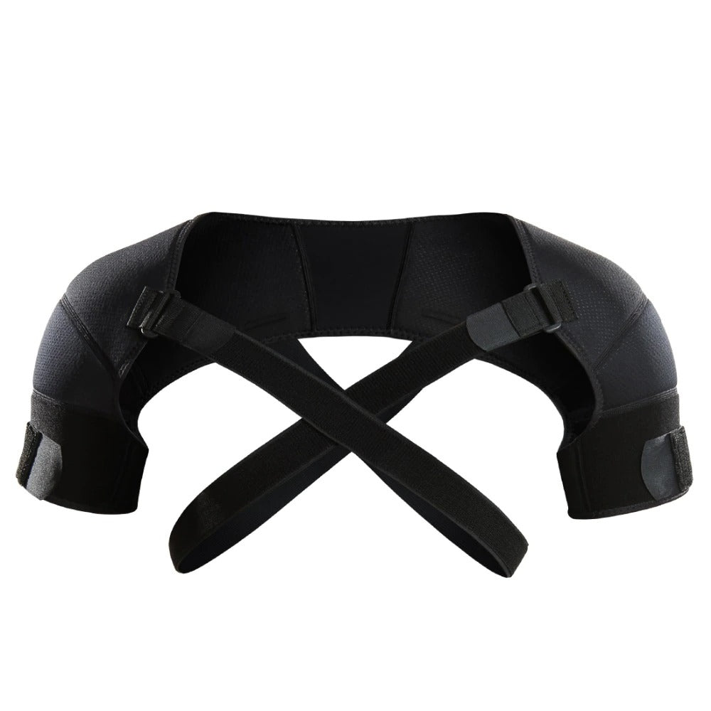 Black protective shoulder pad with straps on a white background