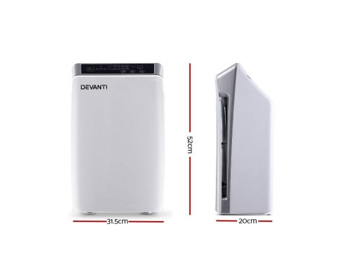 Devanti air purifier with dimensions on a white background