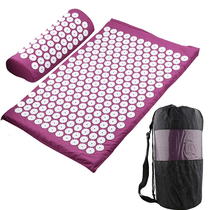 Yoga acupressure mat and pillow set, front view, cotton cover with ABS discs featuring 27 spikes each, carry bag included for home or studio use.