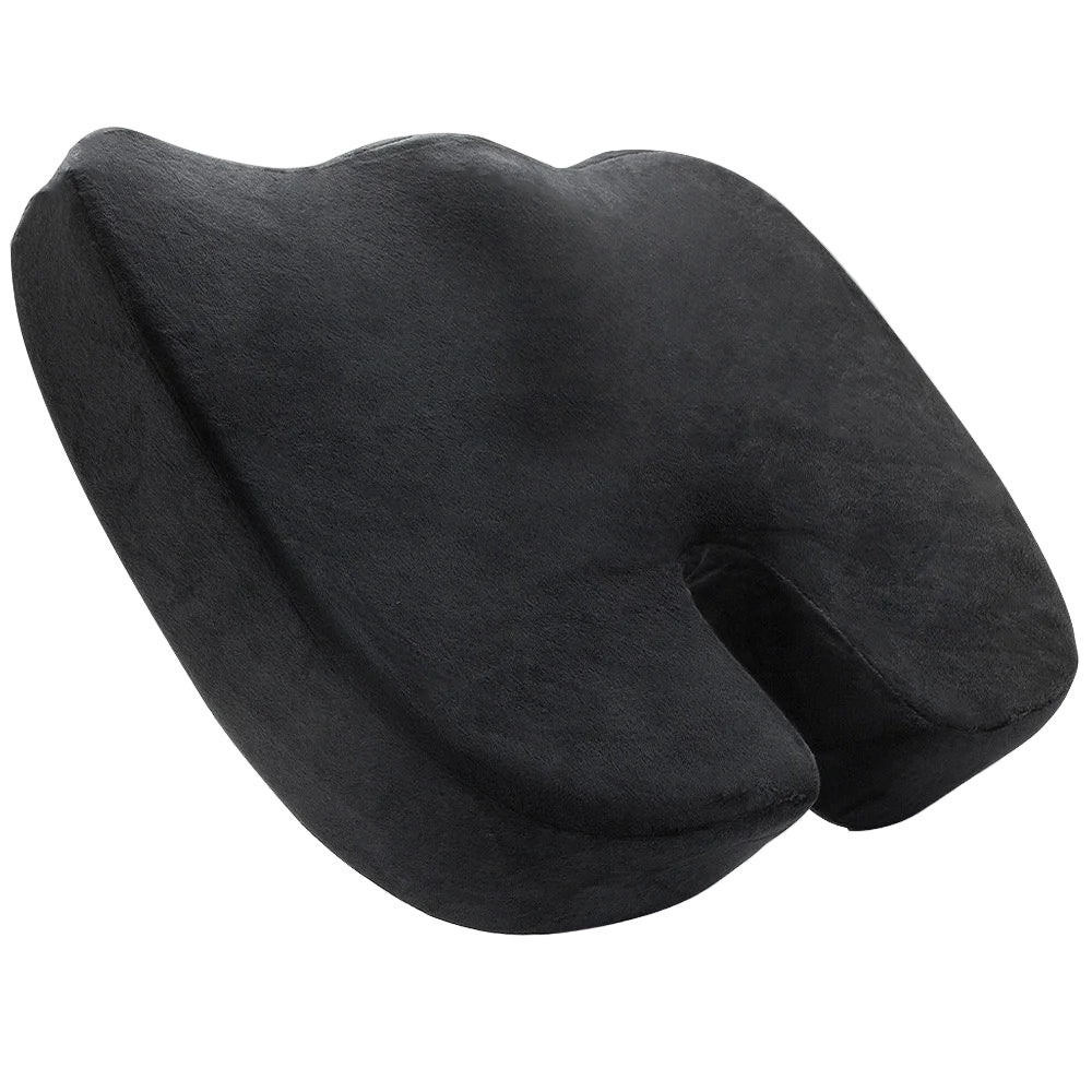 Relisora Coccyx cushion with U-shaped cut-out in black, front hero view, showing medium-firm memory foam seat that helps support tailbone comfort.