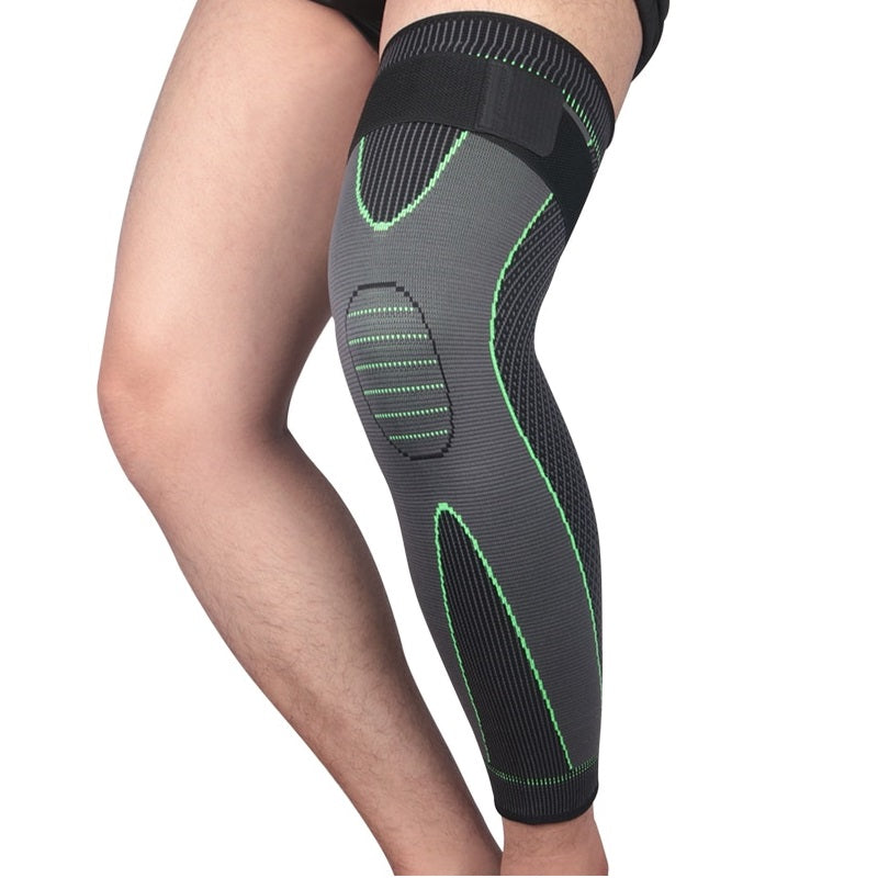 Full leg compression sleeve, hero angle, showing breathable knit and adjustable strap design that helps support circulation from ankle to thigh.