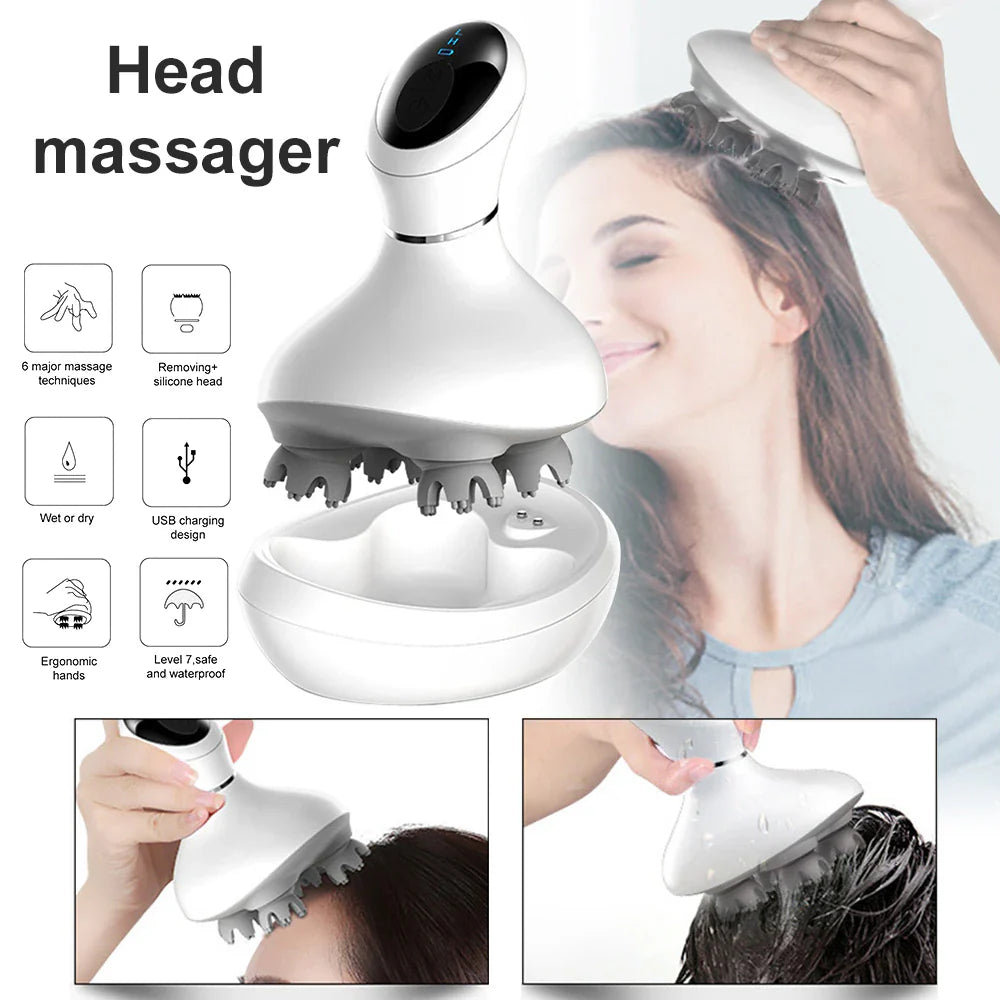 Head massager with woman using it and features listed on screen