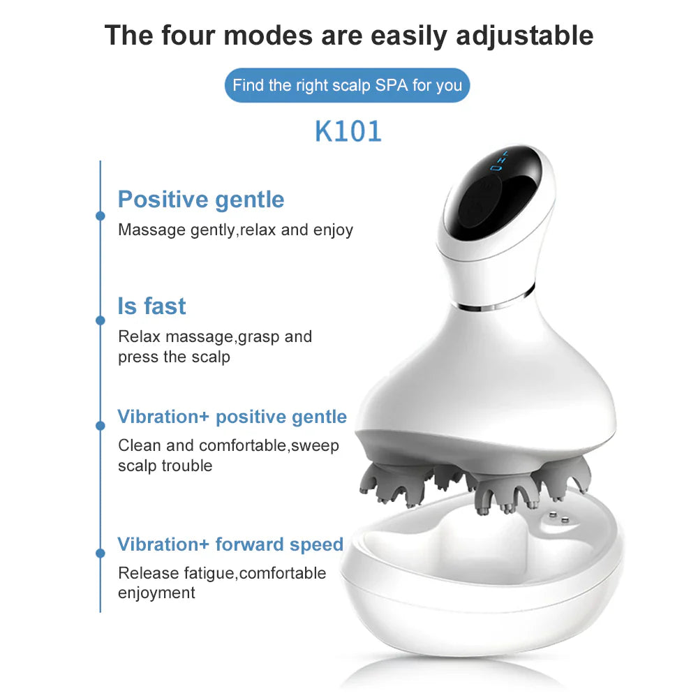 White scalp massager with text describing four adjustable modes on a white background
