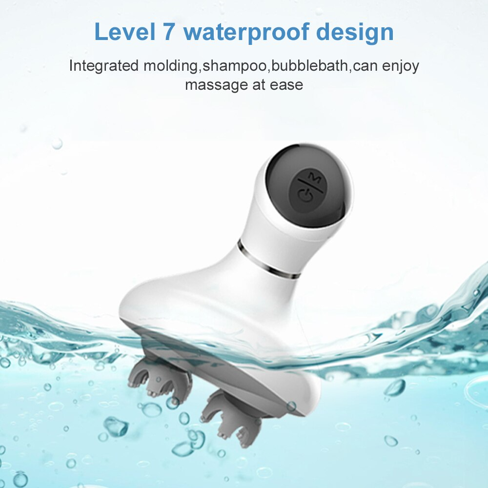 White handheld showerhead with black top submerged in water, labeled 'Level 7 waterproof design'.