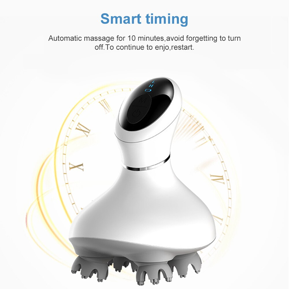 White handheld massager with digital display on a white background, featuring text about smart timing.