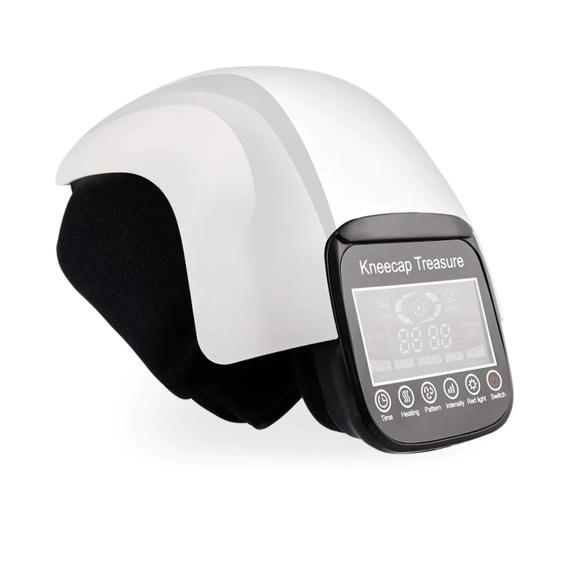Relisora Infrared knee massager, front hero view, showing adjustable straps and control panel to help support warmth and compression on the knee.