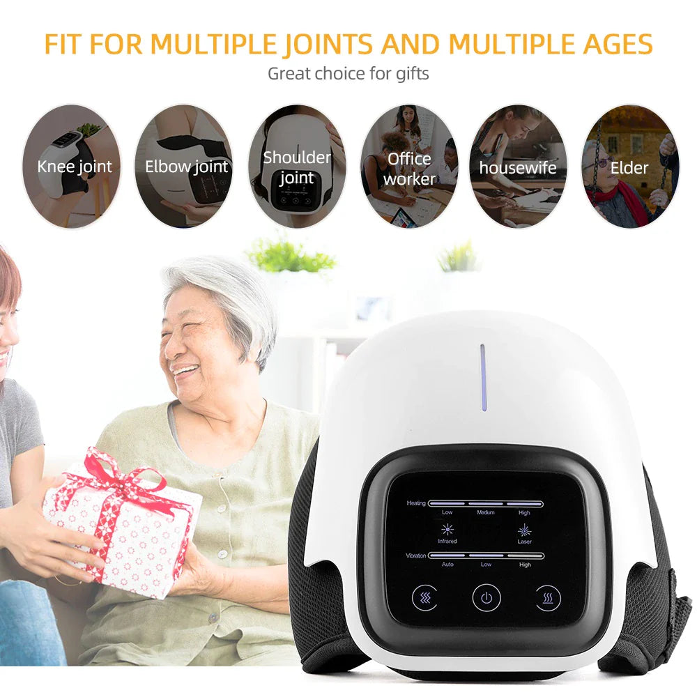 White and black electronic device with a woman and elderly woman holding a gift, labeled 'Fit for multiple joints and ages'.
