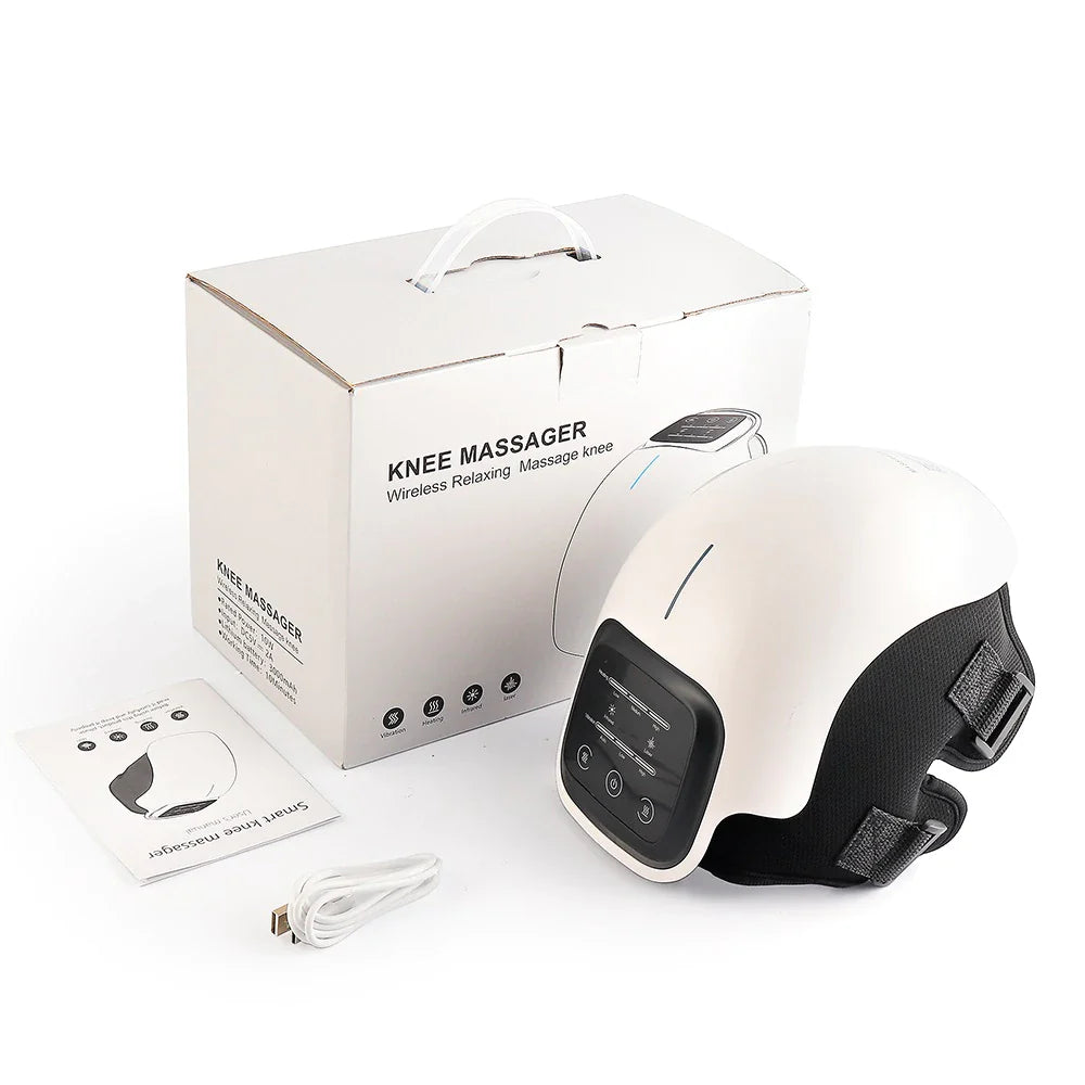 Knee massager with packaging, remote control, and USB cable on a white background