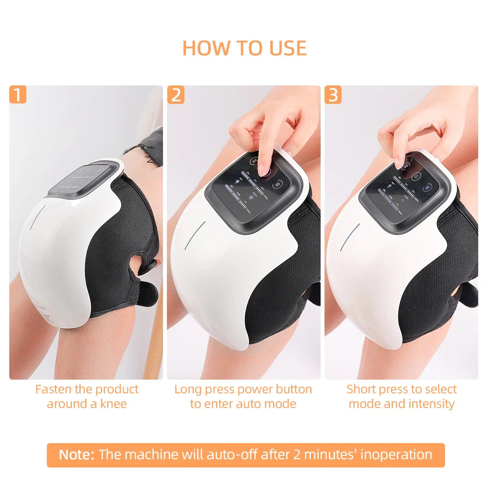 Instructions on how to use a knee massager with three steps shown.