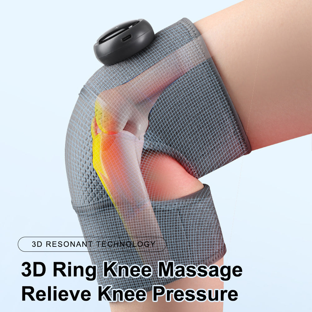 3D ring knee massage device on a person's knee with text highlighting technology and function.