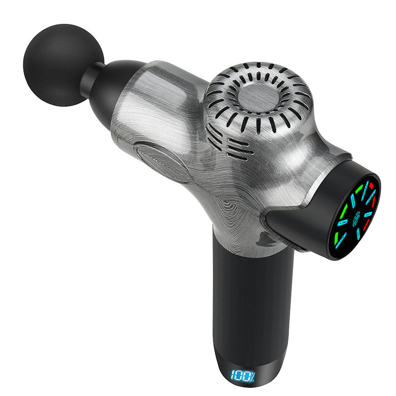 Handheld massage gun with digital display on a white background