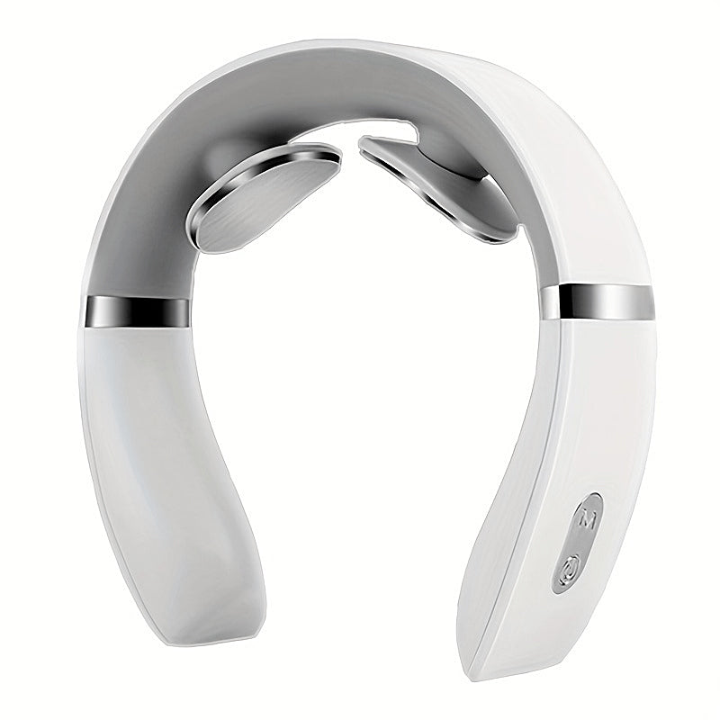 ElectroPulse neck massager in white, hero front view on a plain background, showing stainless steel contact pads and wearable contour for 15-minute sessions.