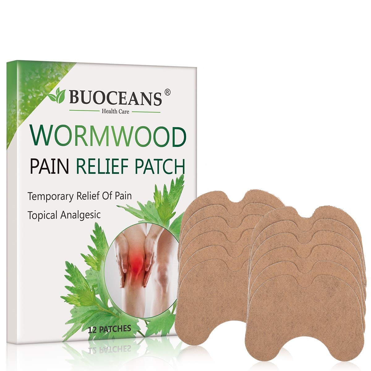 Wormwood pain relief patch front view for knees and joints, flexible adhesive design that supports up to 8 hours of gentle warmth.