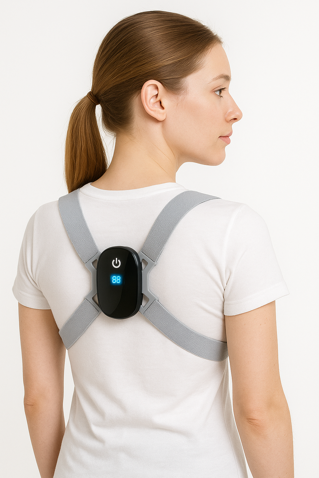 Smart posture sensor in hero view showing slim elastic strap and discreet housing that vibrates to help support upper-back alignment.