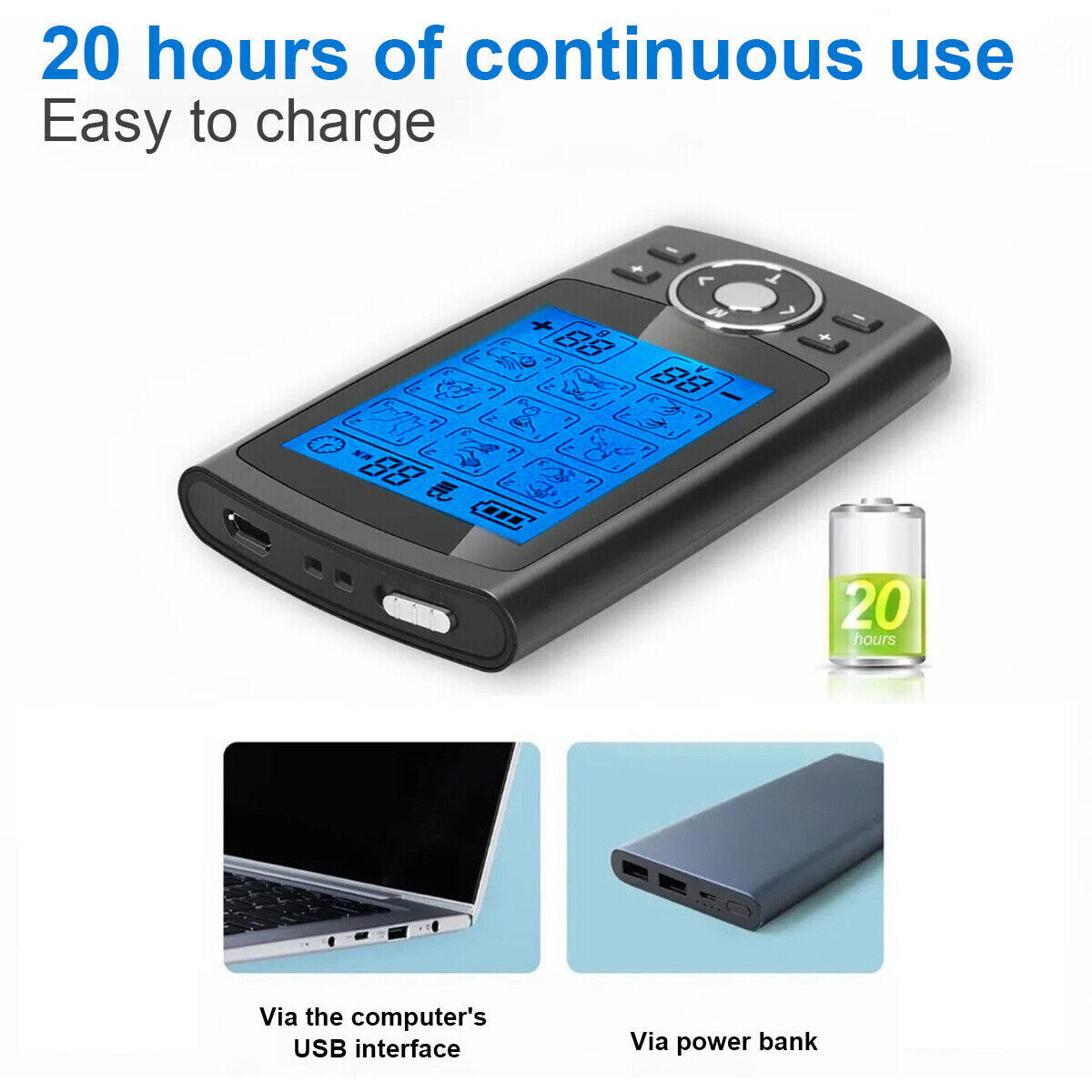 Digital device with blue screen, power bank, and laptop illustration on a white background