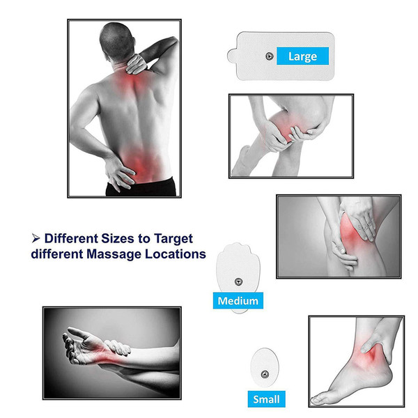 Product advertisement showing different sizes of a massage device for various body parts.