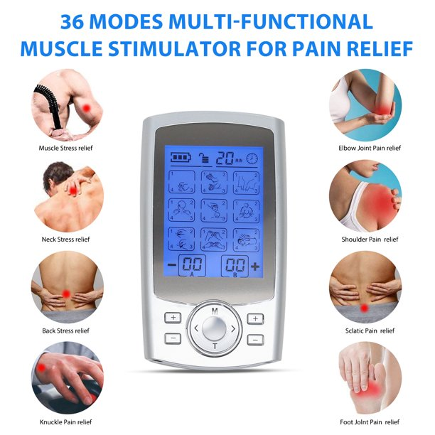 Multi-functional muscle stimulator for pain relief with digital display and various pain relief modes.