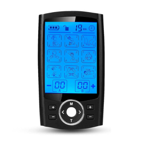 Dual-channel TENS and EMS machine, front view with 36 modes and reusable pads shown, designed to support targeted relief and muscle activation.