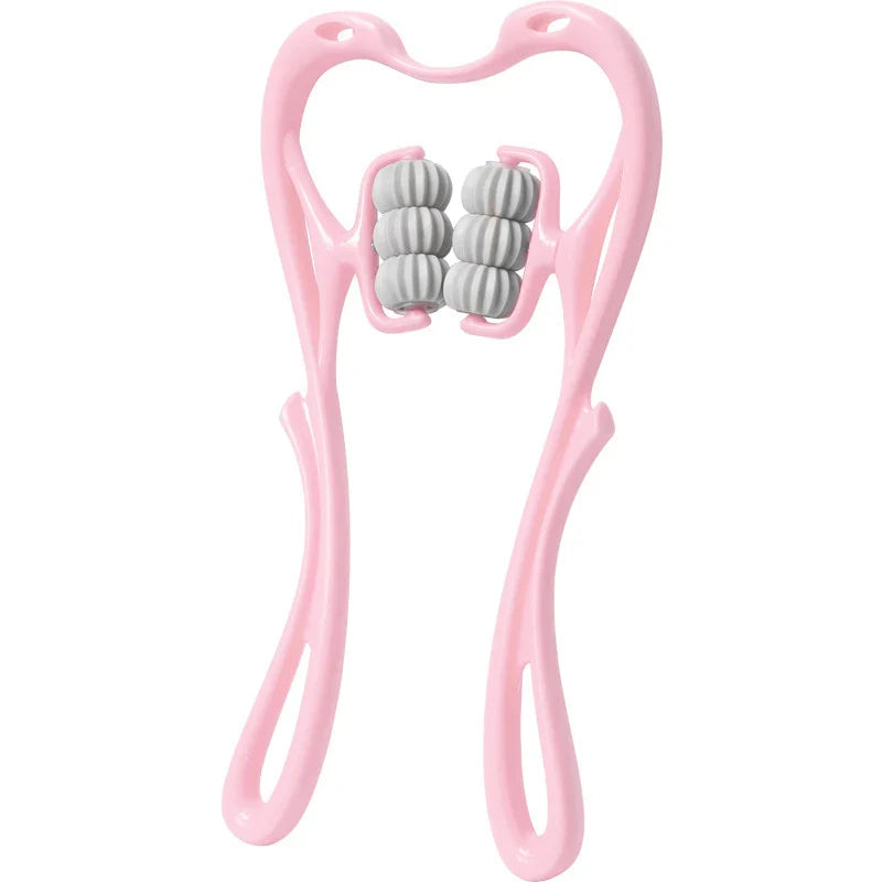 Pink facial roller with gray beads on a white background