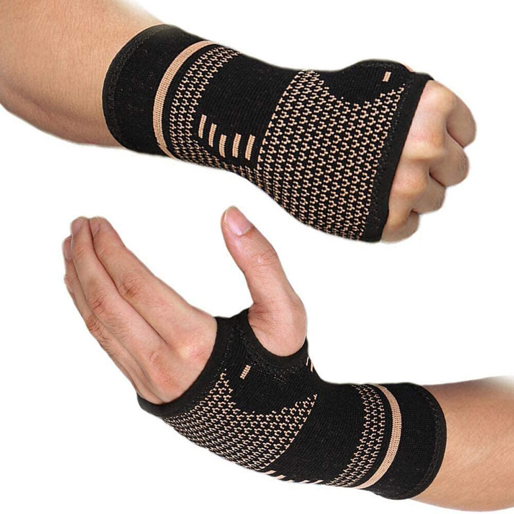 Black wrist and elbow support brace on a white background