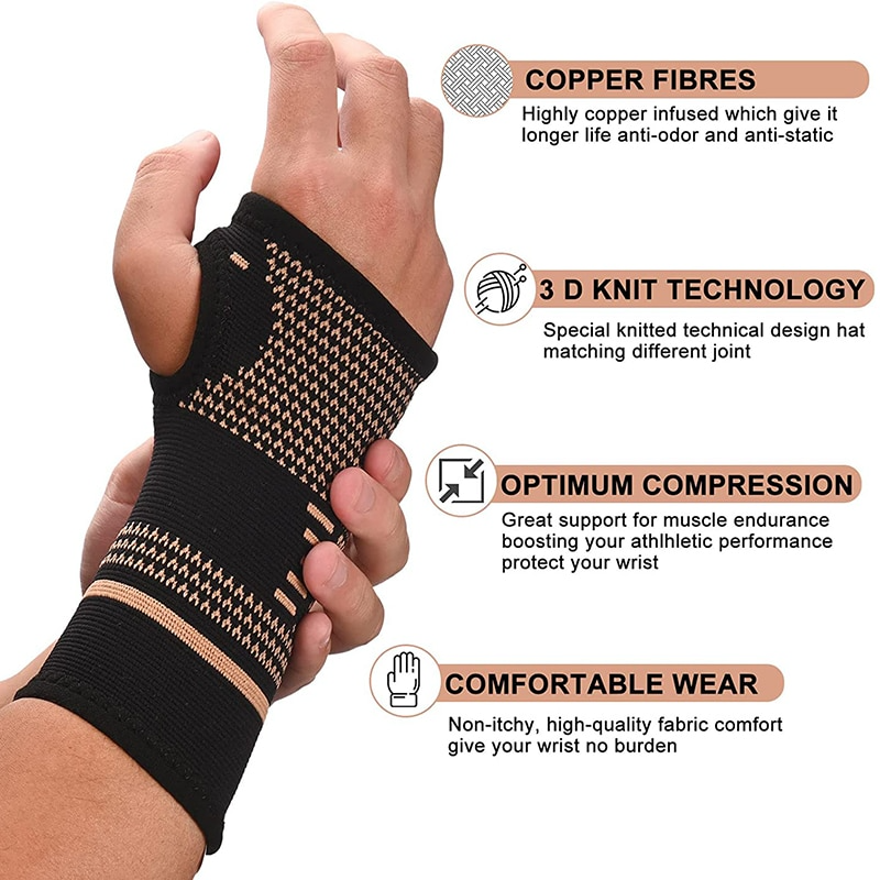 Black wrist support brace with text highlighting features on a white background