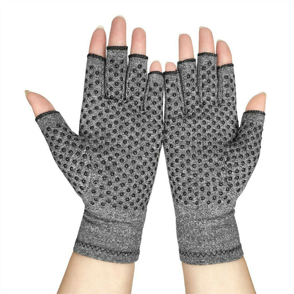 Relisora  Therapeutic compression heat gloves in grey, front view, with open fingertips and textured grip to help support hand comfort.