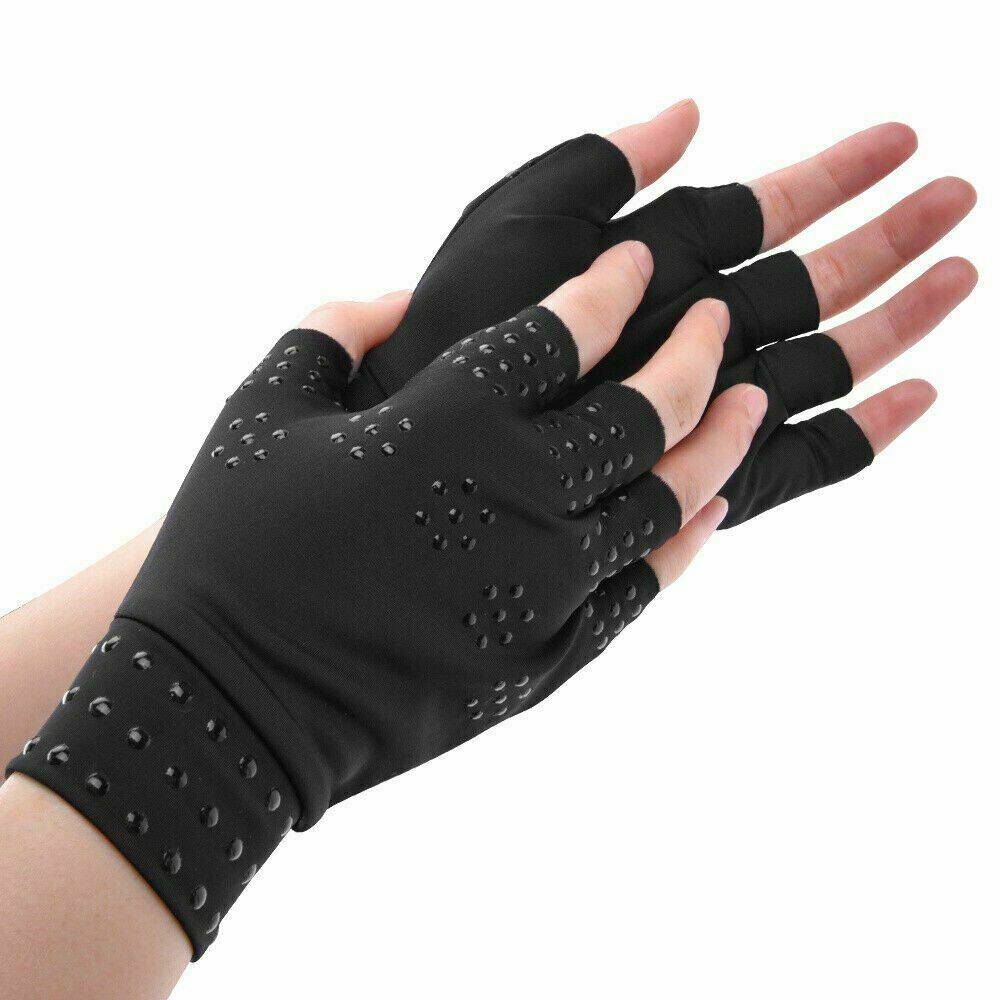 Relisaora Magnetic compression gloves in black and beige shown front on, open fingertip design to support hand and wrist comfort.