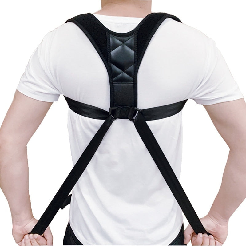 Relisora Adjustable black back and shoulder posture brace front view with breathable straps supporting natural upper back alignment.