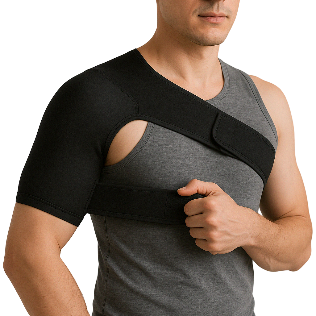 Relisora Shoulder brace compression support, front view, adjustable one-size design with hook-and-loop straps that helps support shoulder stability for daily wear.