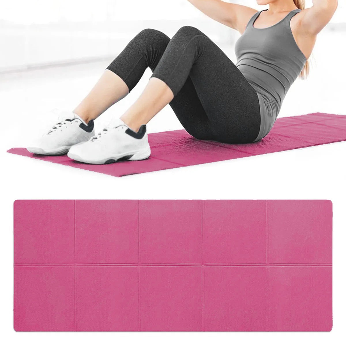 Person exercising on a pink exercise mat with a pink step platform in the foreground.