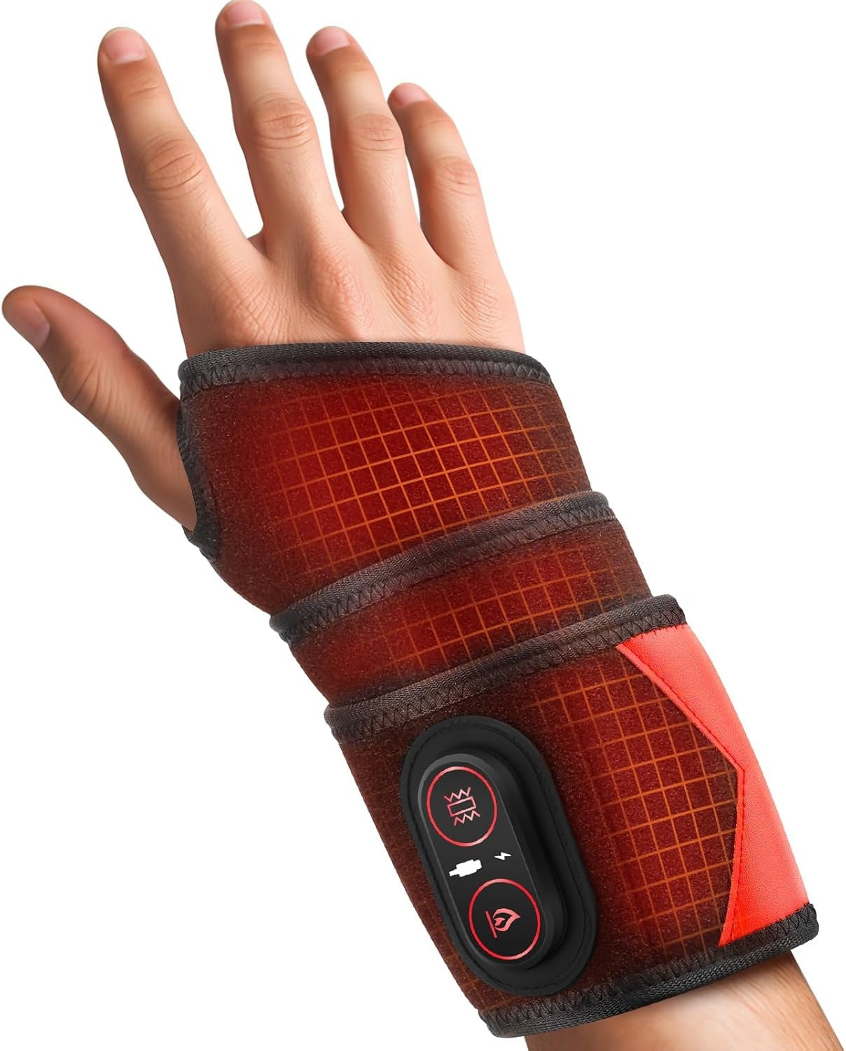 Cordless heating pad wrap front view for wrist and elbow joints, with adjustable straps and three heat and vibration levels.