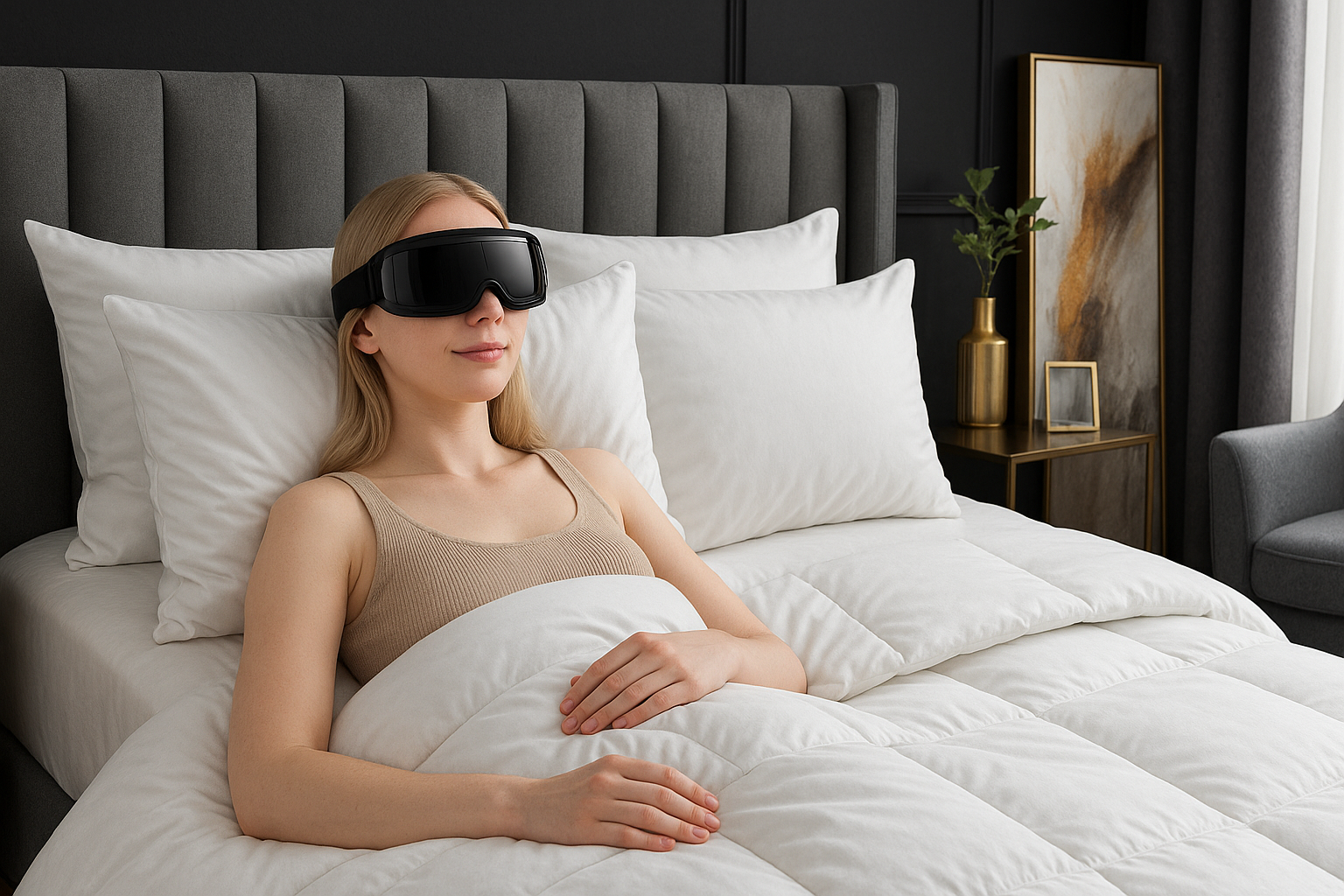 Woman wearing a sleep mask in bed with white bedding and pillows.