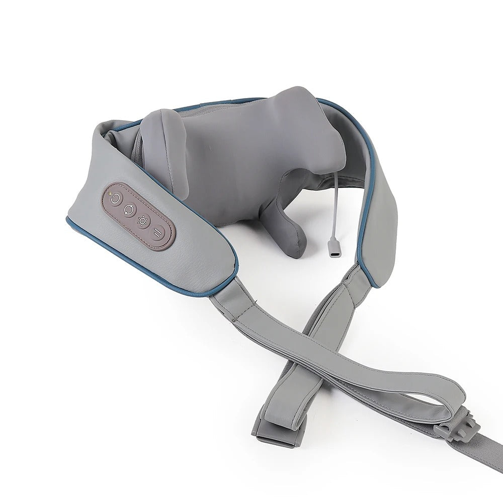 SootheTrapezius neck and back massager in front view showing six-claw layout and wide warm compress area, with strap and buckle for hands-free use.