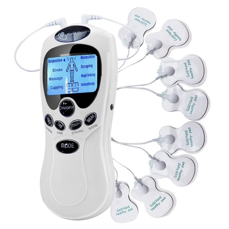 Relisora EMS TENS muscle stimulator, front view with electrode pads and cables shown, highlighting 15 intensity levels and quick 5–15 minute session control.
