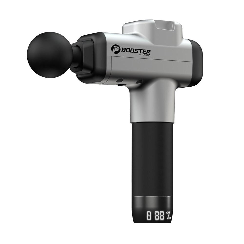 Relisora M2 massage gun front view showing handheld design for back and neck use, highlighting percussive head for targeted muscle relief.