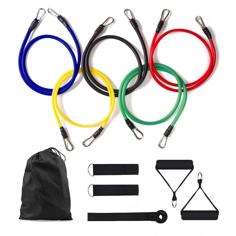 Resistance bands 11-piece set shown front view with five colour-coded stackable tubes, door anchor, handles and ankle straps for full-body training.