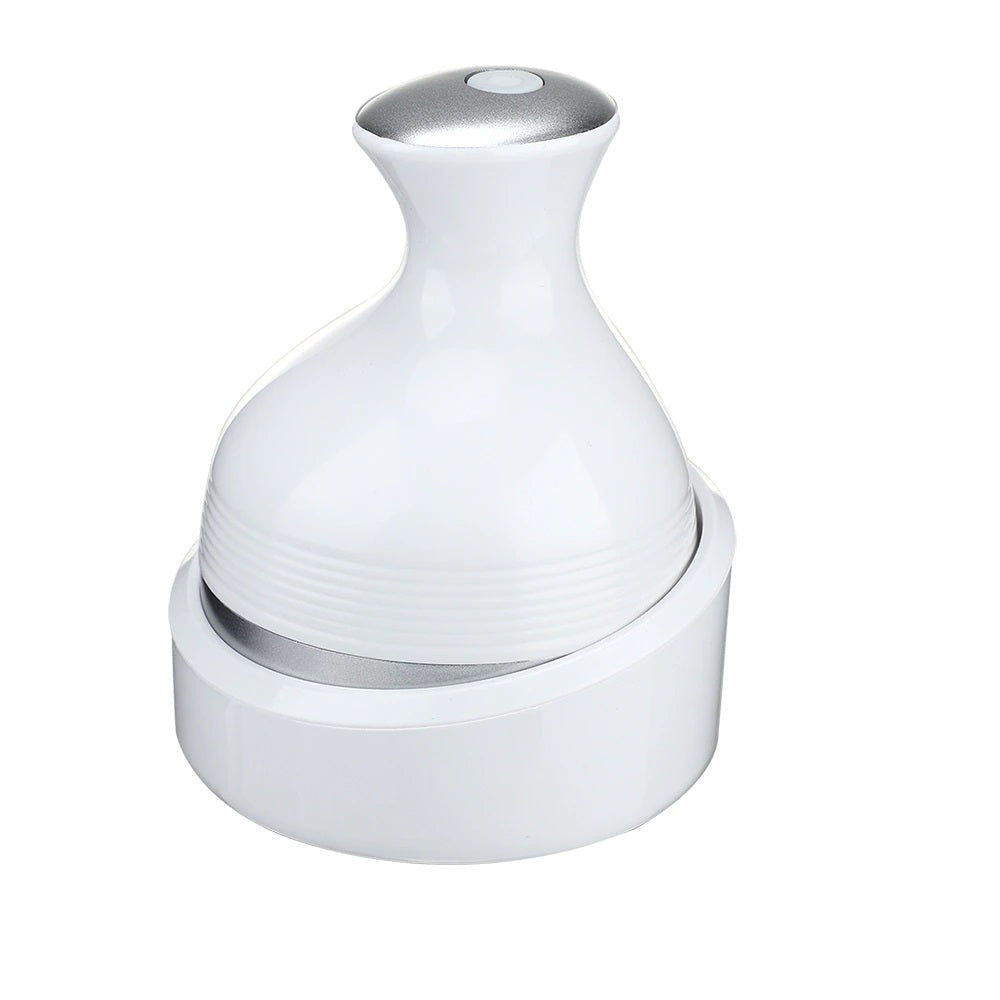 Relisora Waterproof wireless scalp massager in white, hero view showing four detachable rotating heads and compact charging dock for easy daily use.