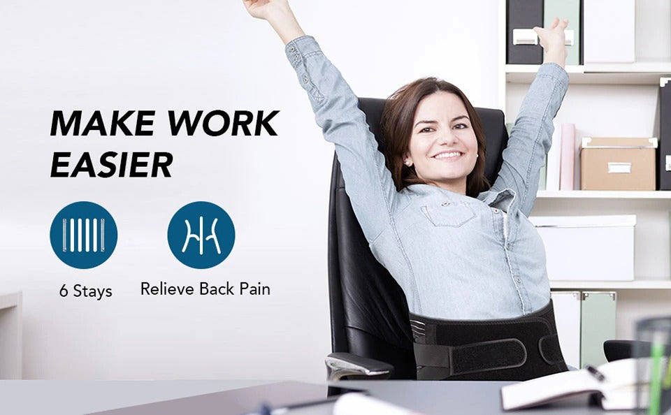 Person using an office chair with text 'Make Work Easier' and '6 Stays Relieve Back Pain'.