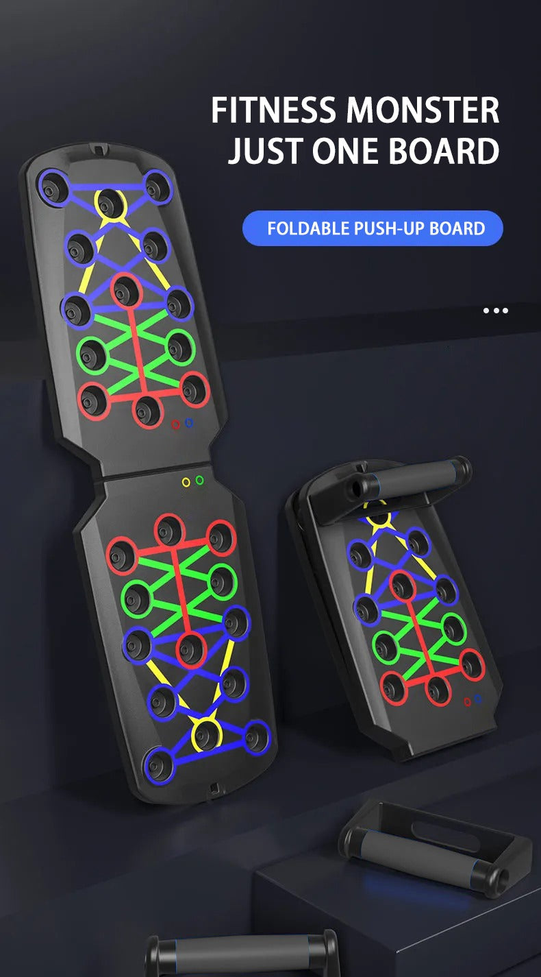 Foldable push-up board with colorful design on a dark background